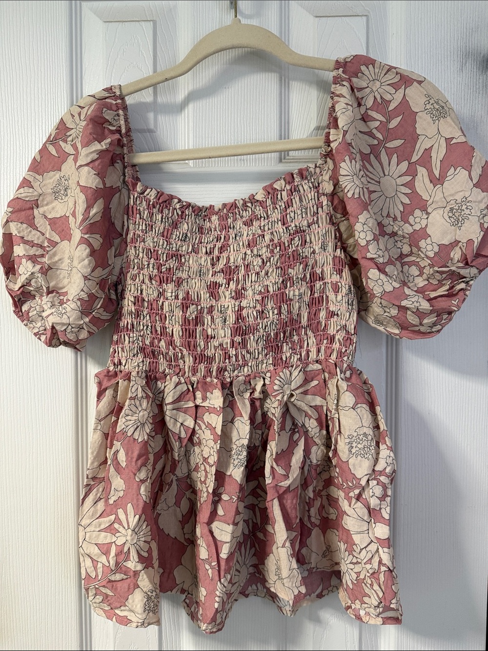 BiBi Dusty Rose Floral Smocked Peplum Blouse - Picture 3 of 3